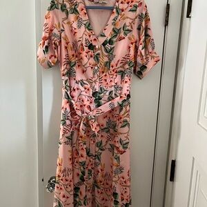 LOFT Pink Floral V-Neck Midi Dress with Tie Waist